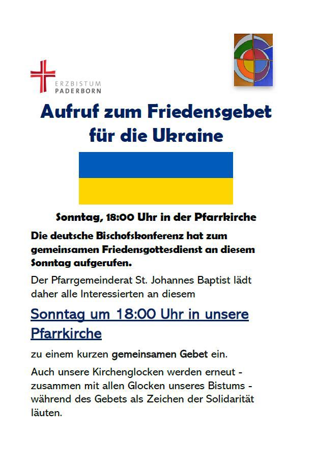 Aufruf zum Friedensgebet für die Ukraine